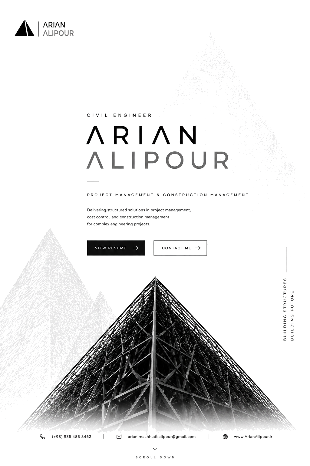 Arian Alipour minimalist monochrome portfolio landing page